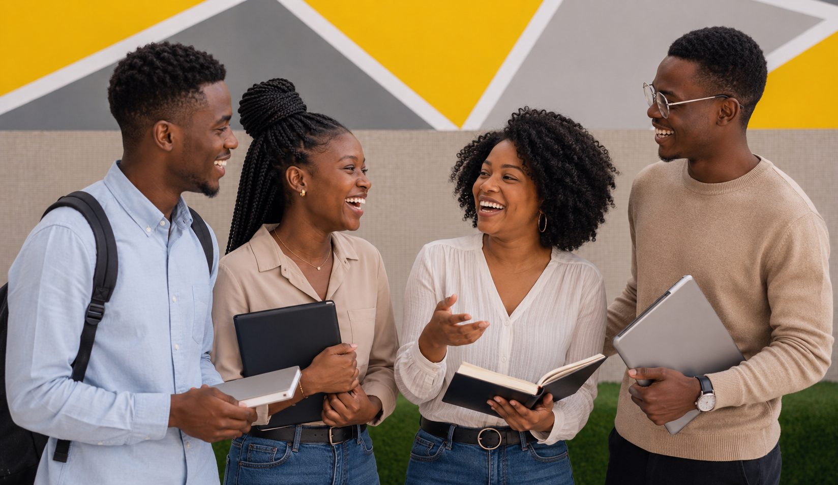 Grupo de quatro jovens africanos a conversar e a rir, com cadernos e portáteis